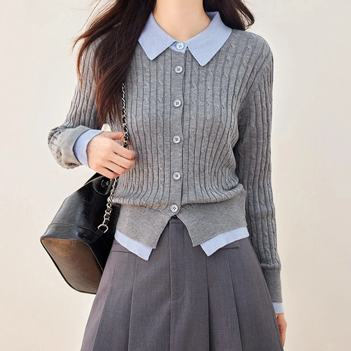 

Women Fake Two Piece Polo Collar Cardigan Soft Cable Knit Sweater Autumn Winter Short Knit Top