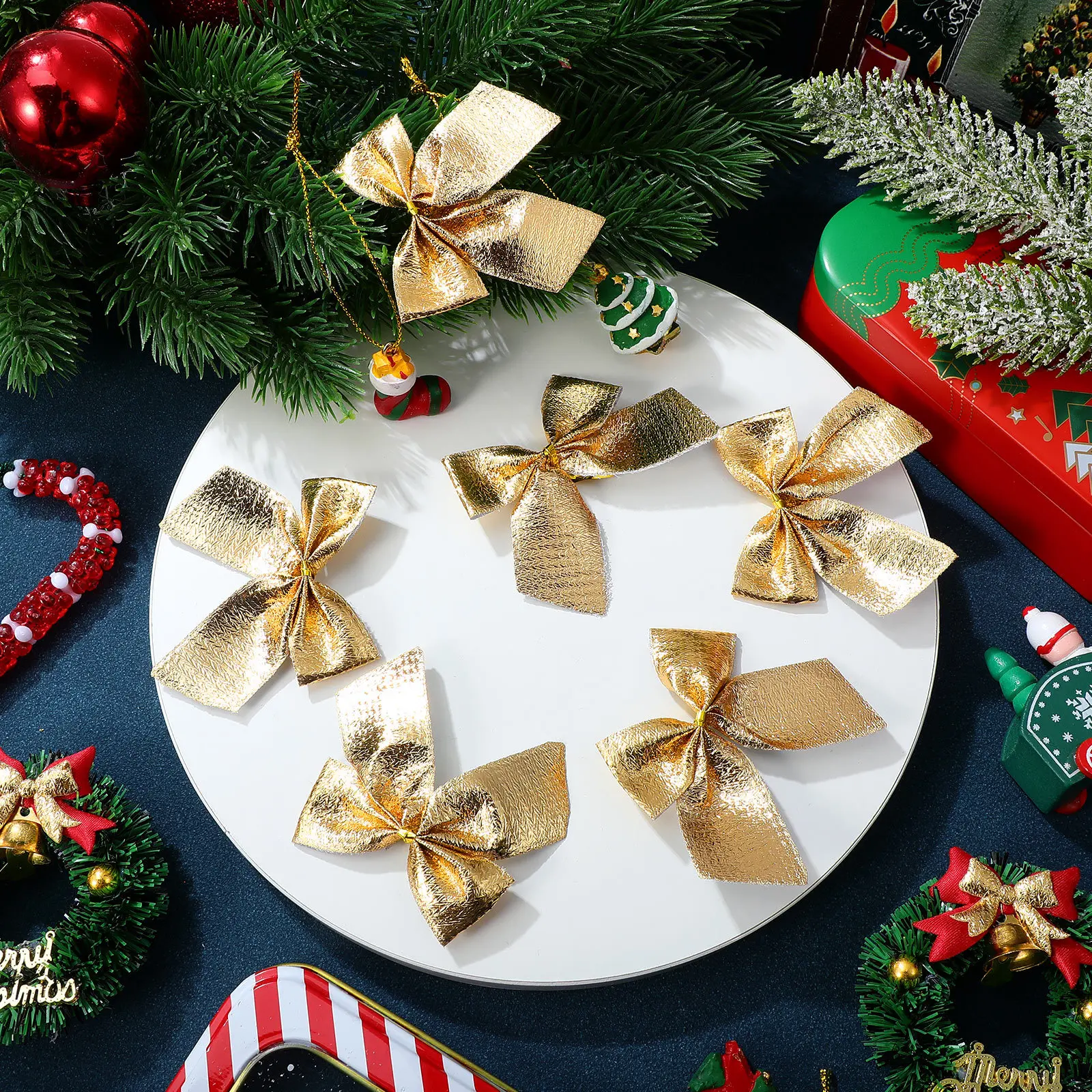 

24Pcs Christmas Bowknots Glitter Ribbon Decoration Gold 55Cm Tree Festival Party DIY Craft Wedding Accessories