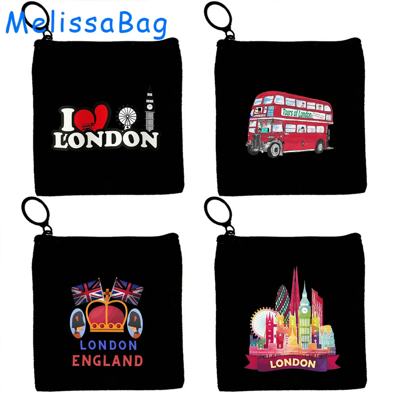 Vintage Big Ben Clock London Bus United Kingdom UK Flag Landmarks England Lover Gift Canvas Coin Purse Key Case Bag Zipper Pouch