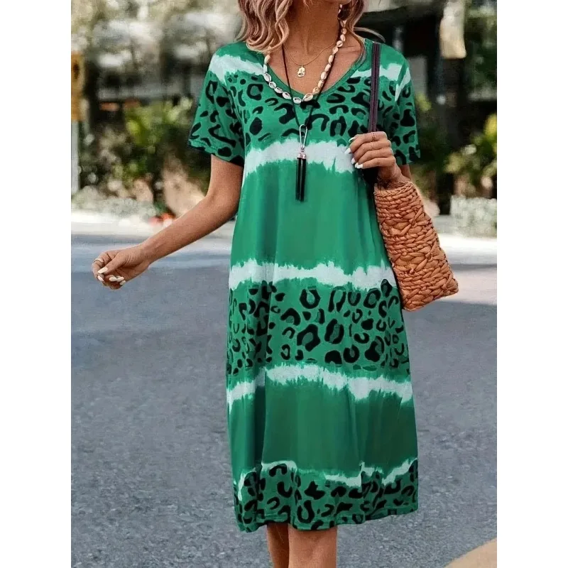 Women\'s Plus Size Casual Dress Summer Round Neck Printed Short Sleeved Knee Length Skirt