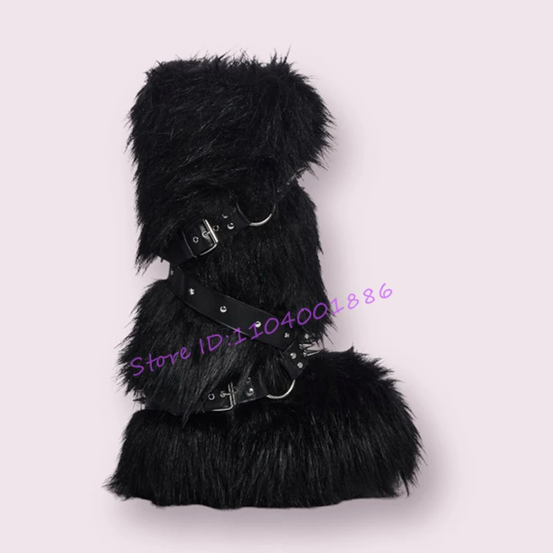 

Faux Fur Knee High Snow Boots for Women Wedges Platform White Brown Black Fluffy Fuzzy Rivets Cross Strap Winter New Long Boots