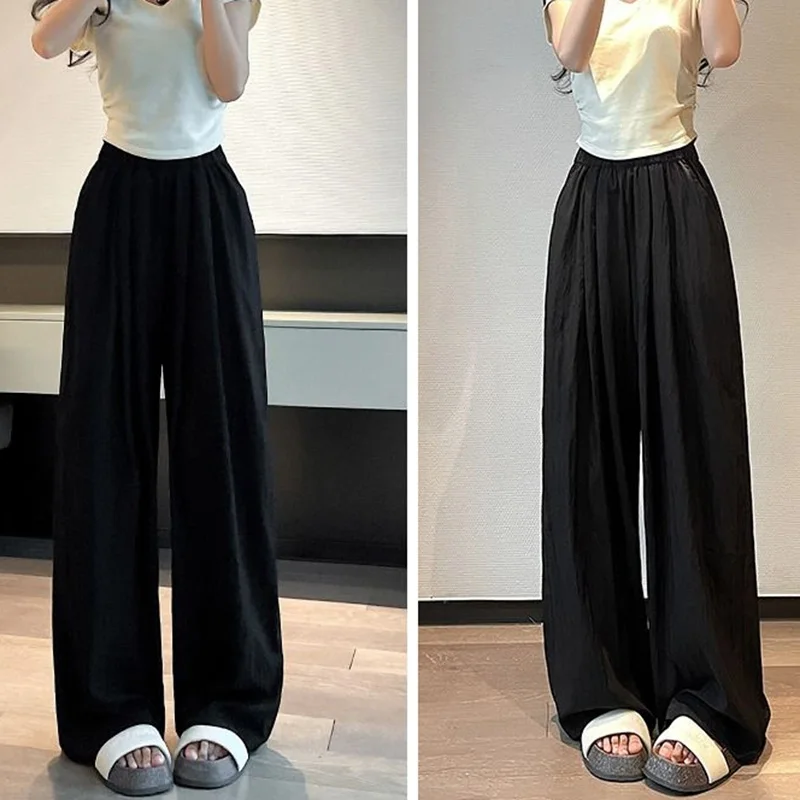 2024 Summer Women Leisure Colorful Pants Lady Baggy Wide Leg Ice Silk Trousers Female Fashion High Waisted Straight Leg Slacks