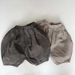 Children's Plaid Cotton And Linen Knee Length Pants Summer New Korean Boys And Girls Casual Loose Retro Bloomers WTP126