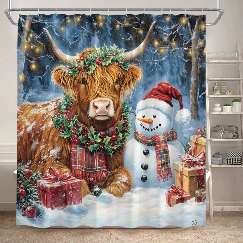 Farm Highland Cow Shower Curtain Winter Forest Farmhouse Animals Snowflake Scenery Christmas Bathroom Curtains Decor with Hooks