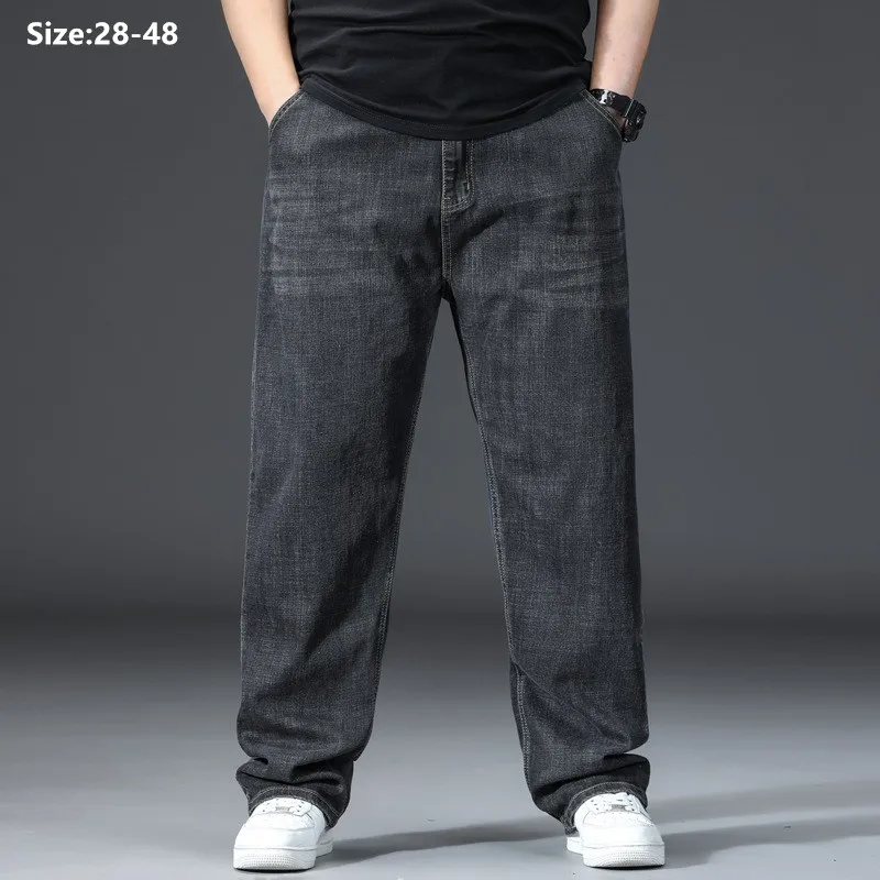 Loose Jeans Men Wide Leg Straight Stretched 150KG Elastic Plus Size 44 46 48 High Waist Large Trousers Classic Black Male Pants