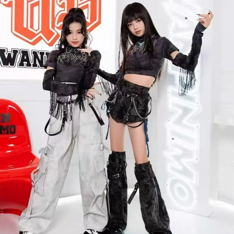 

Новая детская одежда для джазовых танцев, сценический костюм для уличных танцев в стиле хип-хоп, модный топ с кисточками для девочек, одежда для выступлений, брюки, топы