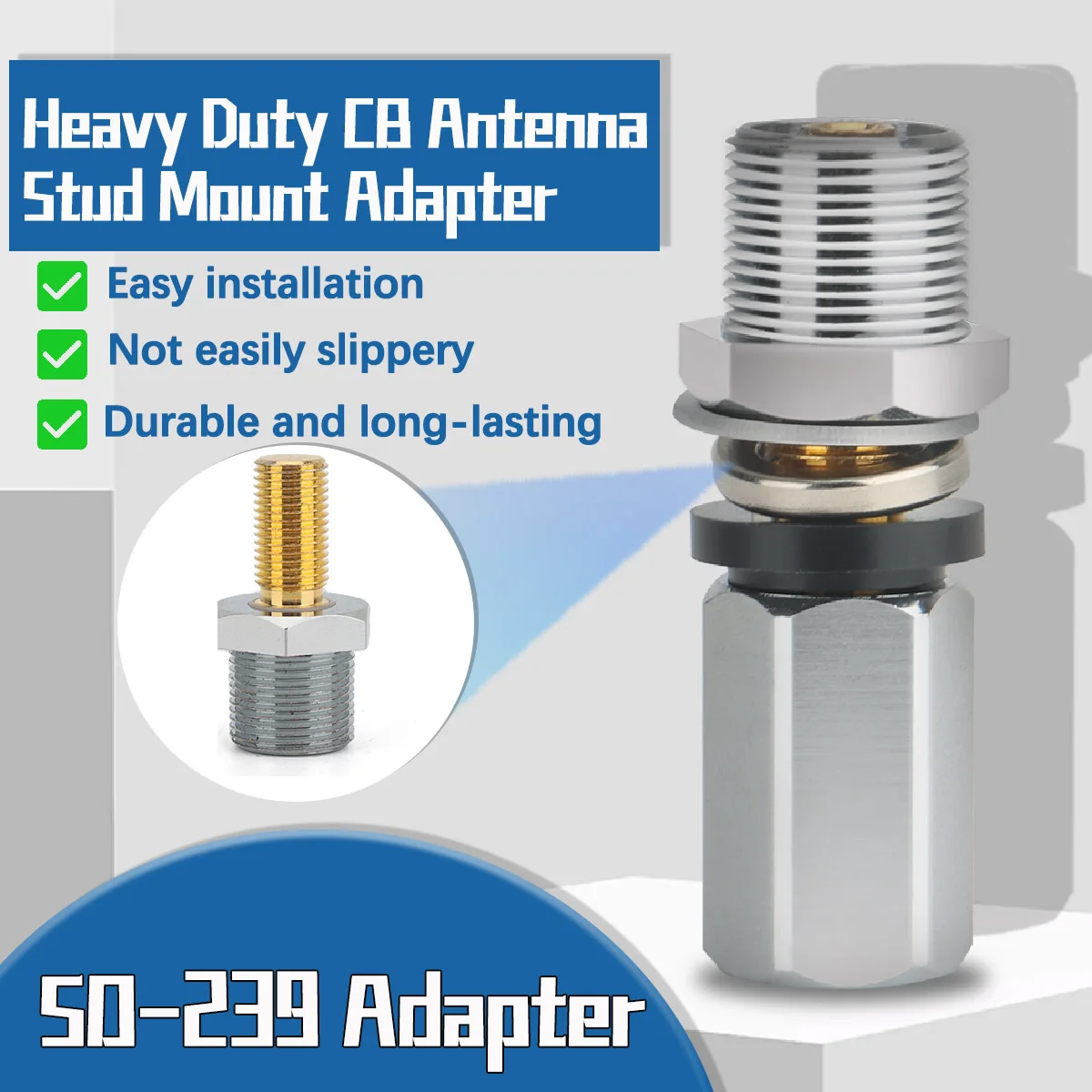 Heavy Duty CB Antenna Stud Mount Adapter with SO-239 connector for installing 3/8 x 24 threaded CB radio antenna