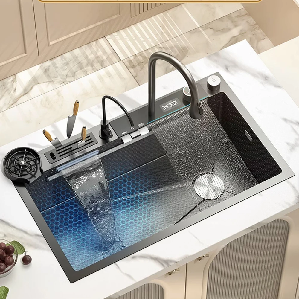 Stainless Steel Waterfall Kitchen Sink Single Bowl Digital Display Handmade Sink, With Pull Down Sprayhead Faucet