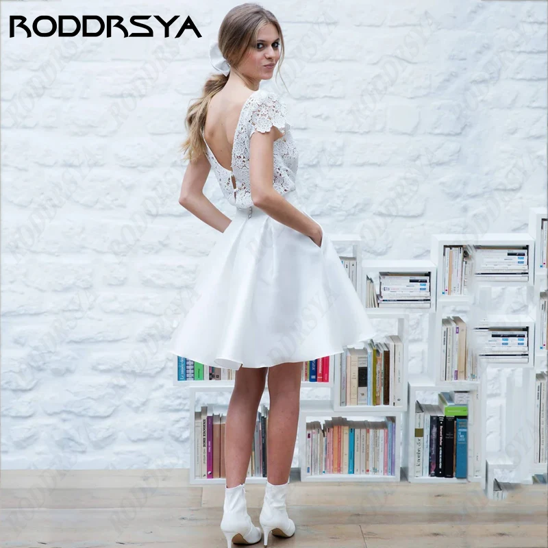 RODDRSYA Vestido De Noiva Cap Sleeve Two Pieces Wedding Dress For Women With Flowers Insertable Pocket Bridal Party Retro O-Neck