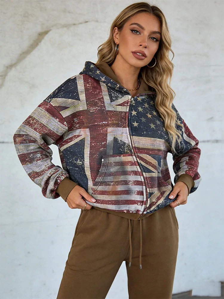 2026 New Women's Zipper Hoodie Retro Flag Printed Hoodie Sportswear Casual Street Wear Y2K Long Sleeve Top