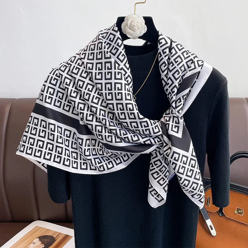 90*90cm Women Scarf Silk Feeling Hair Neck Square Brand Office bandanna muffler Waiter Flight Attendants Handkerchief Rings wrap