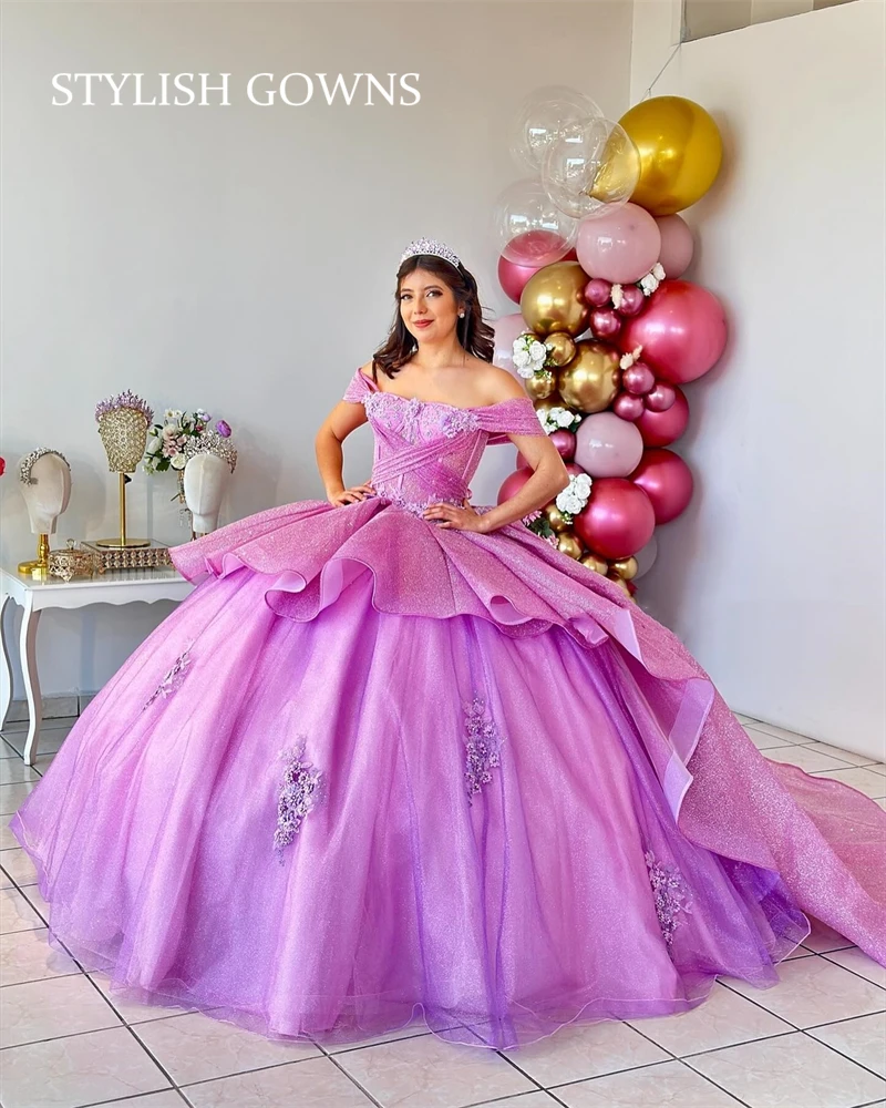 

Pink Off The Shoulder Quinceanera Dresses Ball Gown 2024 Sweetheart Pleats Sweet 16 Dress Appliques Lace-up Prom Robe De Bal