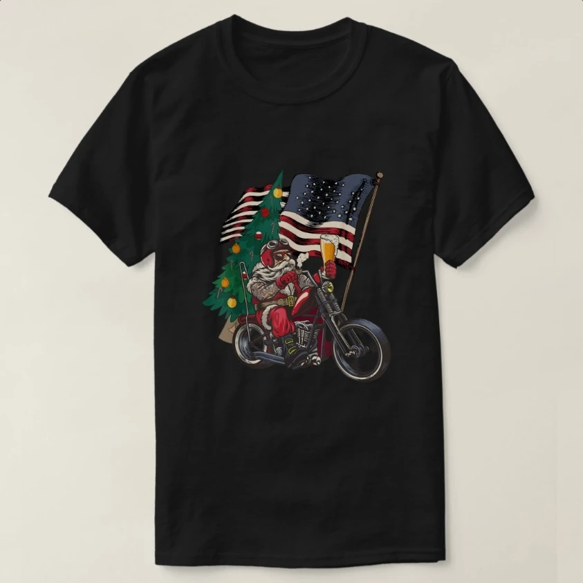 

Santa Riding Motorcycle on Christmas Biker US Flag T-Shirt 100% Cotton O-Neck Short Sleeve Summer Casual Mens T-shirt Streetwear