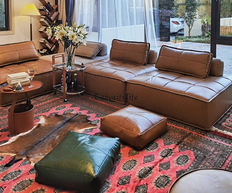 First Layer Full Leather Sofa Combination Nordic Corner Tatami Sofa Single