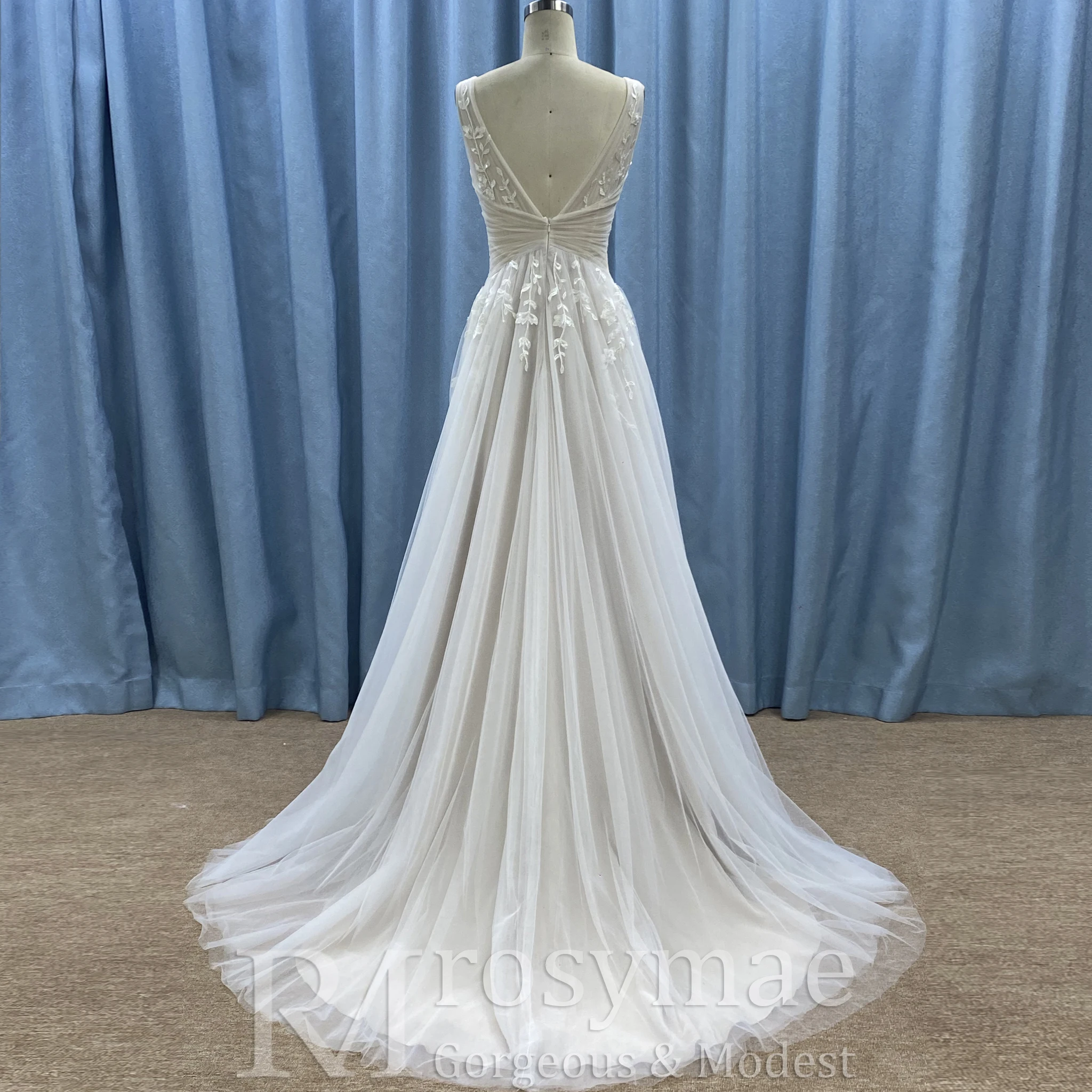 Rosymae Vestido de novia sexy con escote en V profundo y encaje de tul para mujer con camiseta sin mangas Vestido de novia elegante