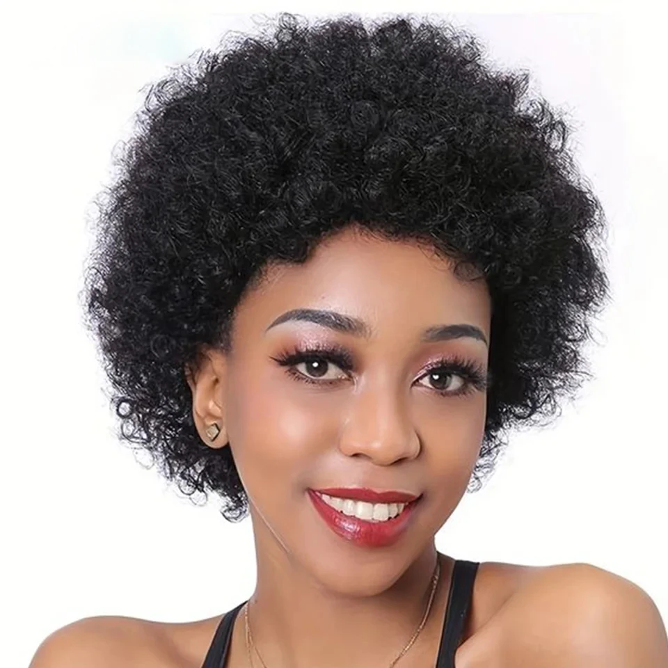 Short Afro Kinky Curly Hair Wigs For Black Women Human Hair African Fluffy Wig Brazilian Pixie Cut Hair Wigs Machine Made