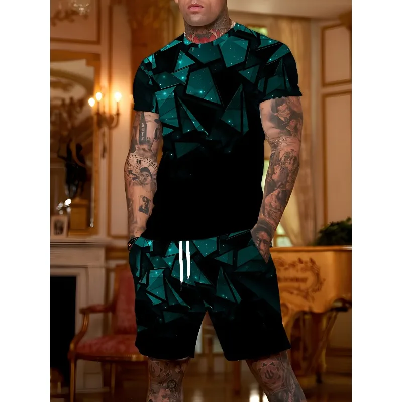 2025 Fashion Men's Round Neck Short Sleeved T-shirt Shorts 2-piece Set Summer Casual 3D Printed Sports Polyester Fiber Set