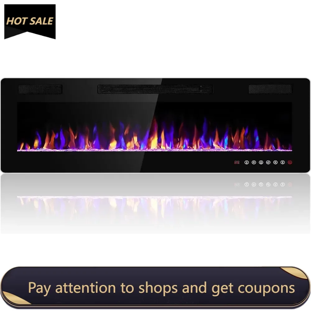 

60 inches Electric Fireplace Recessed and Wall Mounted, Fireplace Heater and Linear Fireplace, with Timer, Remote Control, Black