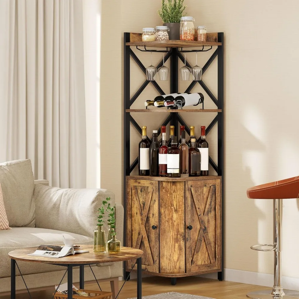 Industrial Style Corner Bar Cabinet with Glass and Wine Storage, 5-Tier Liquor Shelf for Home