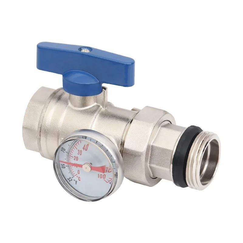 

GLAM GL-B1010 латунный обратный водяной шаровой клапан для подогрева пола, водоотделитель, красный, синий термометр, порт 1 дюйм, никелированный