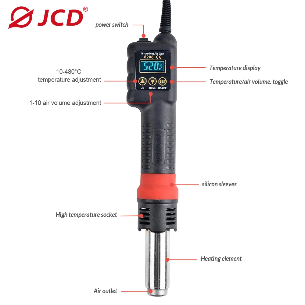 Imagem -02 - Jcd 8208 Hot Air Gun Soldadura Estação Display Lcd Portátil Integrado Bga ic Soldadura Ferramenta Temperatura Ajustável