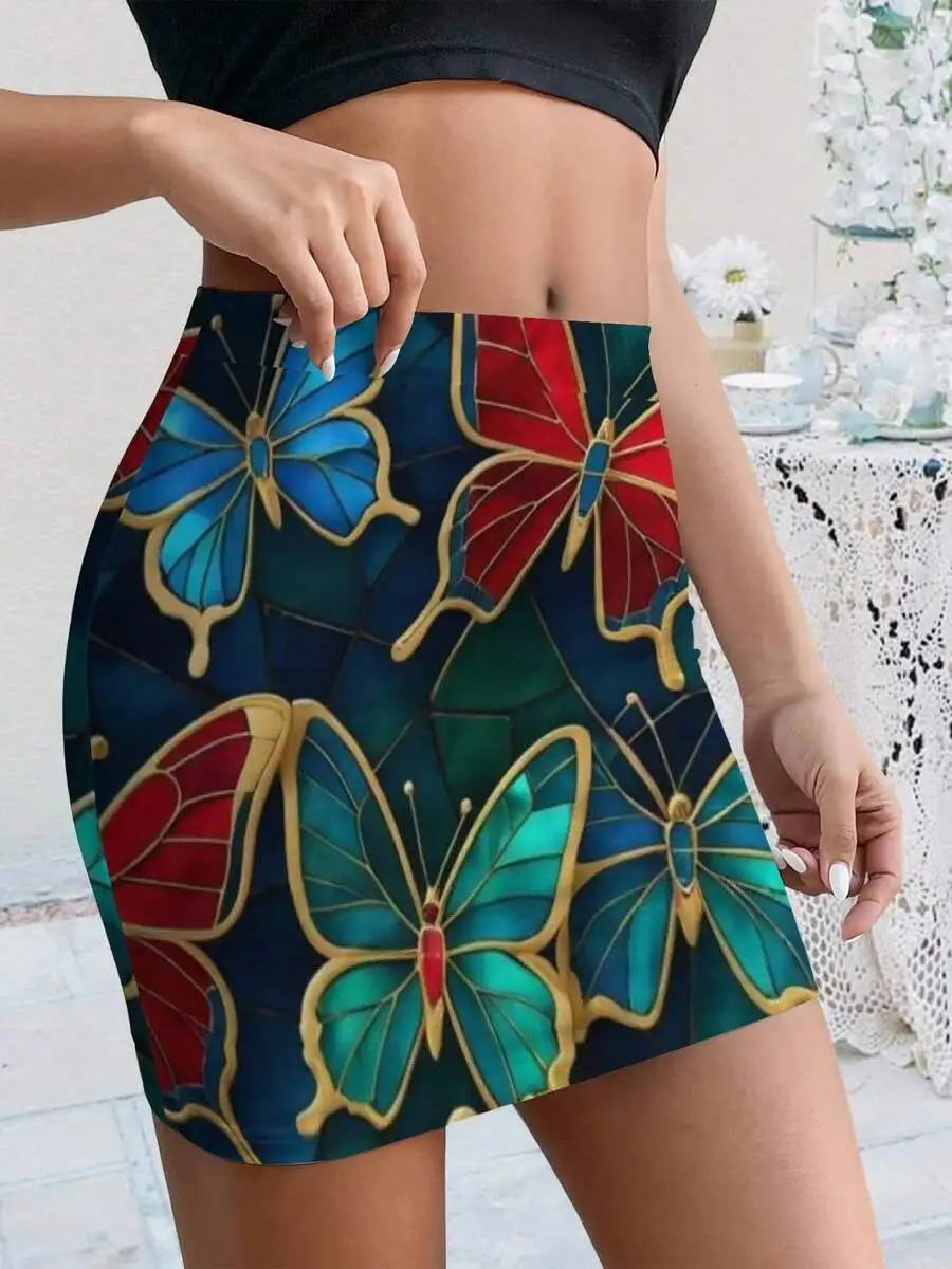 Women Summer Bodycon Micro Skirt Stained Glass Butterfly Print Red Blue Teal