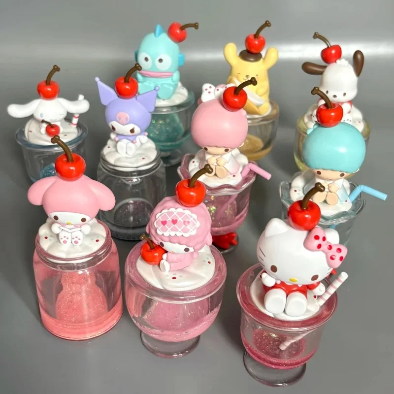 صندوق أعمى جديد من سلسلة مشروبات خاصة ملونة من Miniso Sanrio، تمثال Hello Kitty and Melody، لعبة تزيين الطاولة