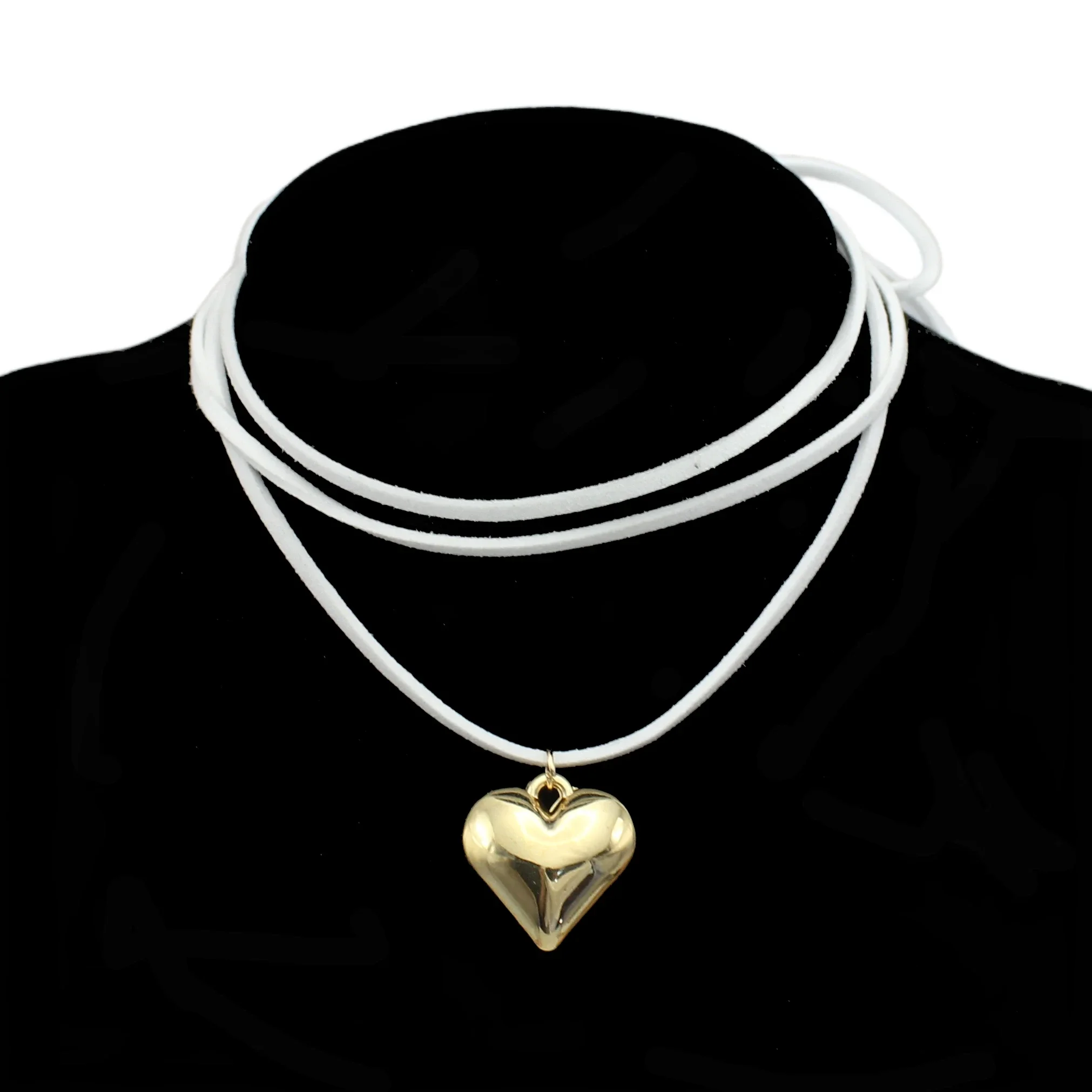 Goth White Velvet Big Heart Pendant Choker Necklace for Women Elegant Weave Knotted Bowknot Adjustable Chain New Year Jewelry