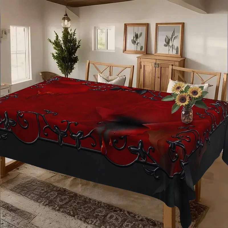 Gothic dark red and black tablecloth with blood-drop rose pattern - suitable for outdoor use, 2D flat designzyc