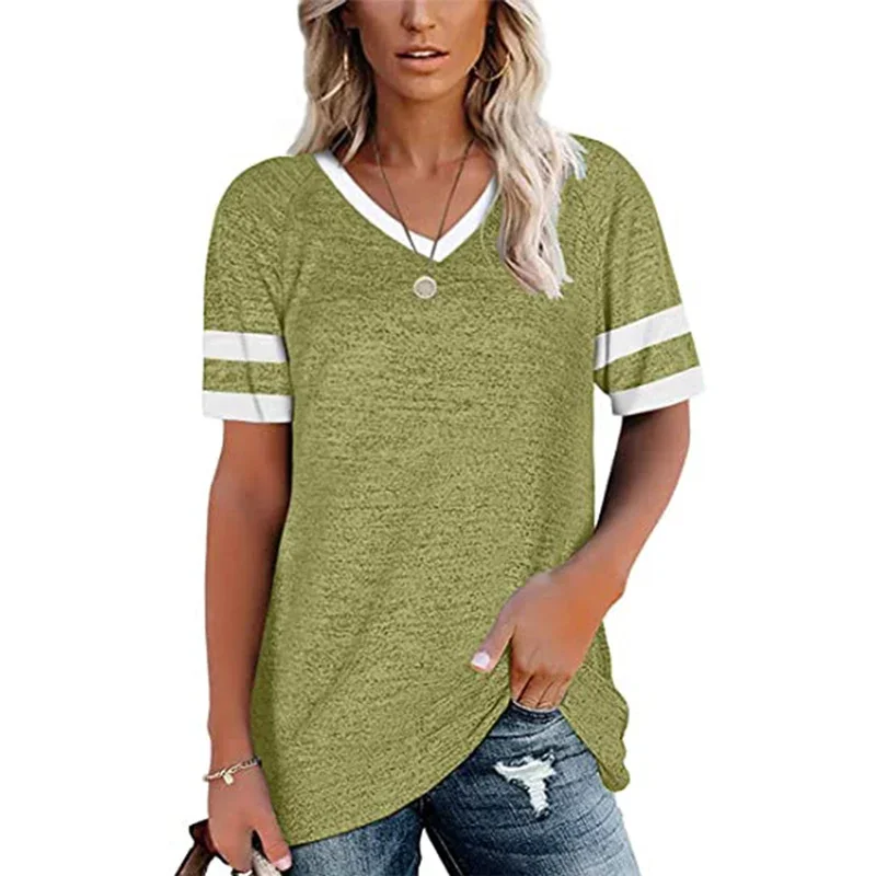 

Fashion Stripes Colour Blocking Short Sleeve T-Shirt Women Office Commuter Casual Loose Tops Female Summer V Neck Pullover Tees