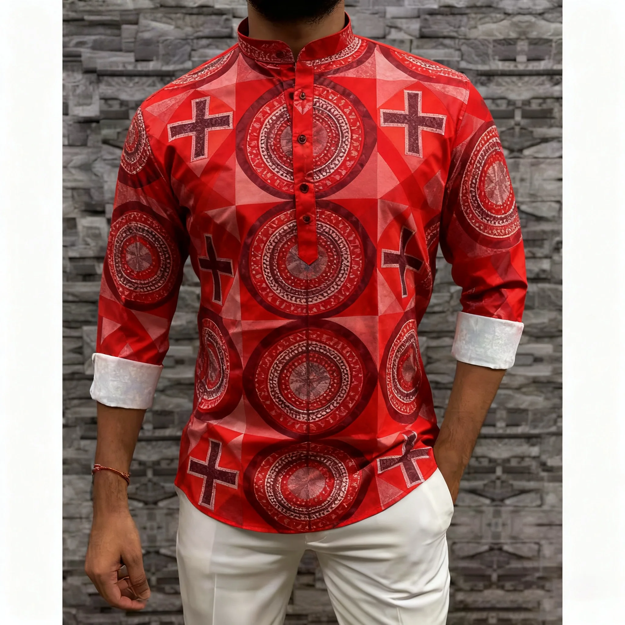 عباية عربية إسلامية فاخرة غير رسمية لعام 2026 على الطراز الوطني مطبوعة عرقية وياقة واقفة قميص شبابي بأكمام طويلة Camisa Arabe Hombre