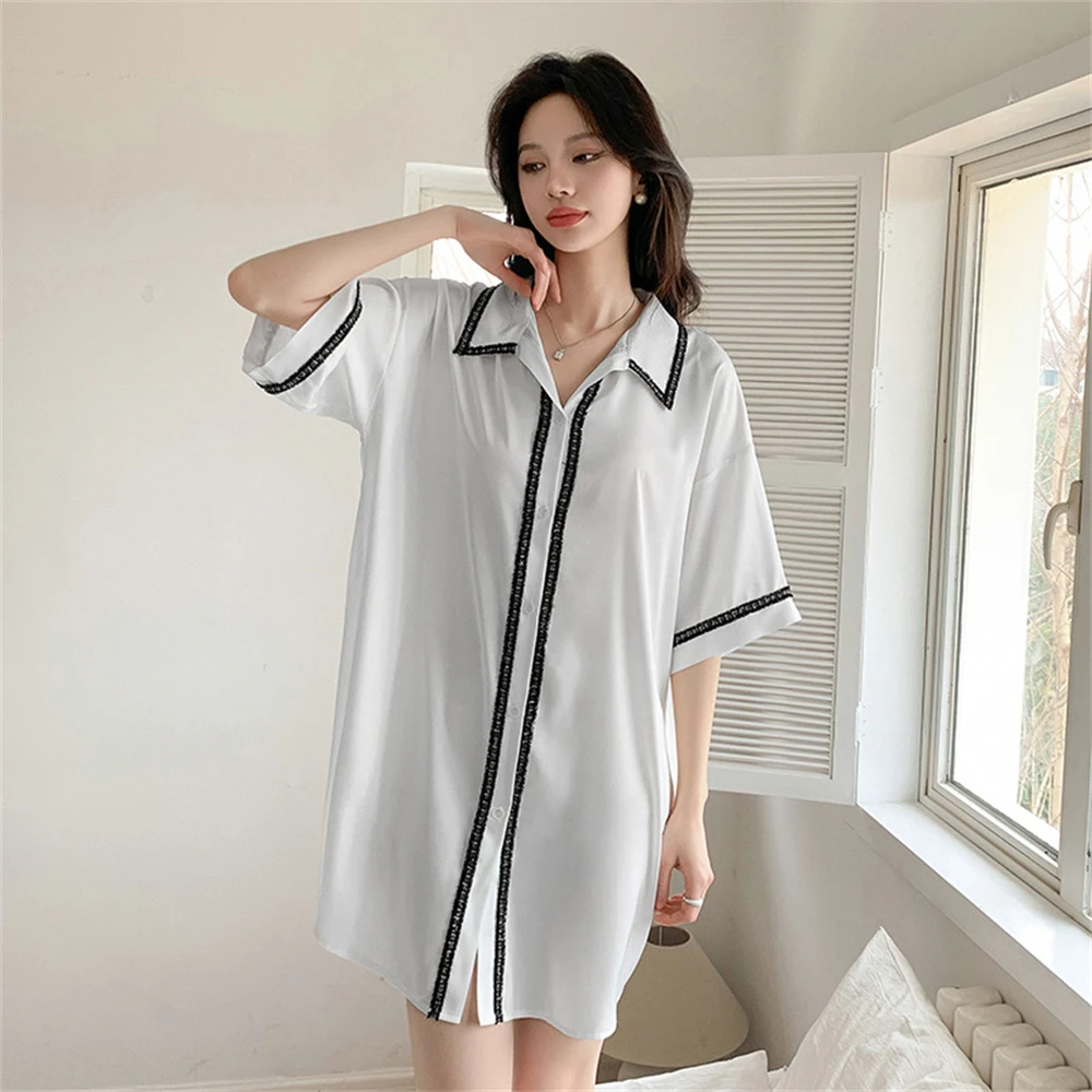 Summer Ladies Silky Satin Nightshirt Back Hollow Out Shirt Dress Loungewear Lace Sleepwear Nightdress Turn-down Collar Nightgown