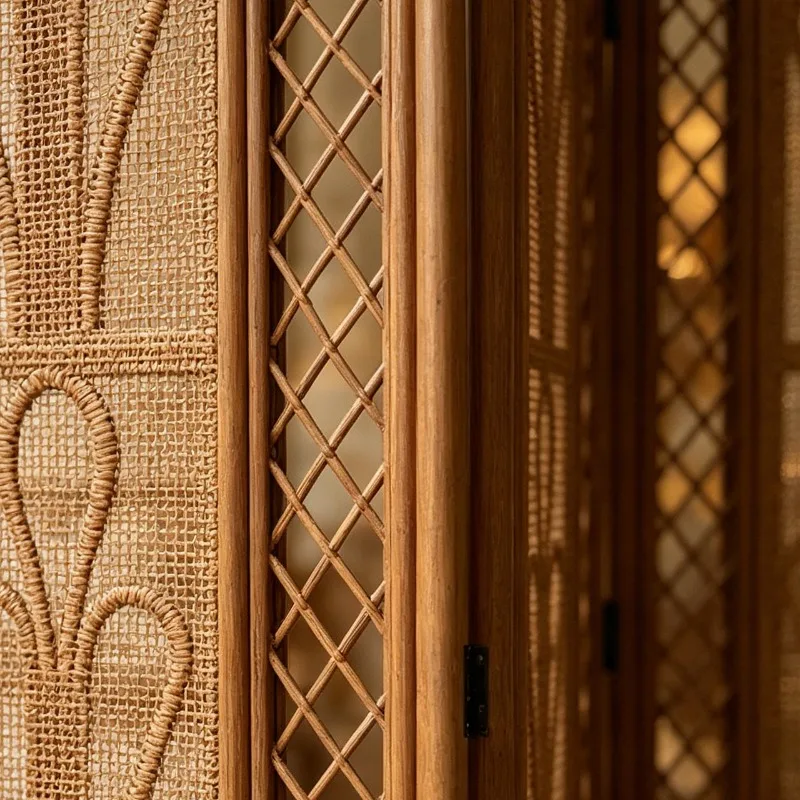 Screen rattan folding screen, four doors arched pattern partition