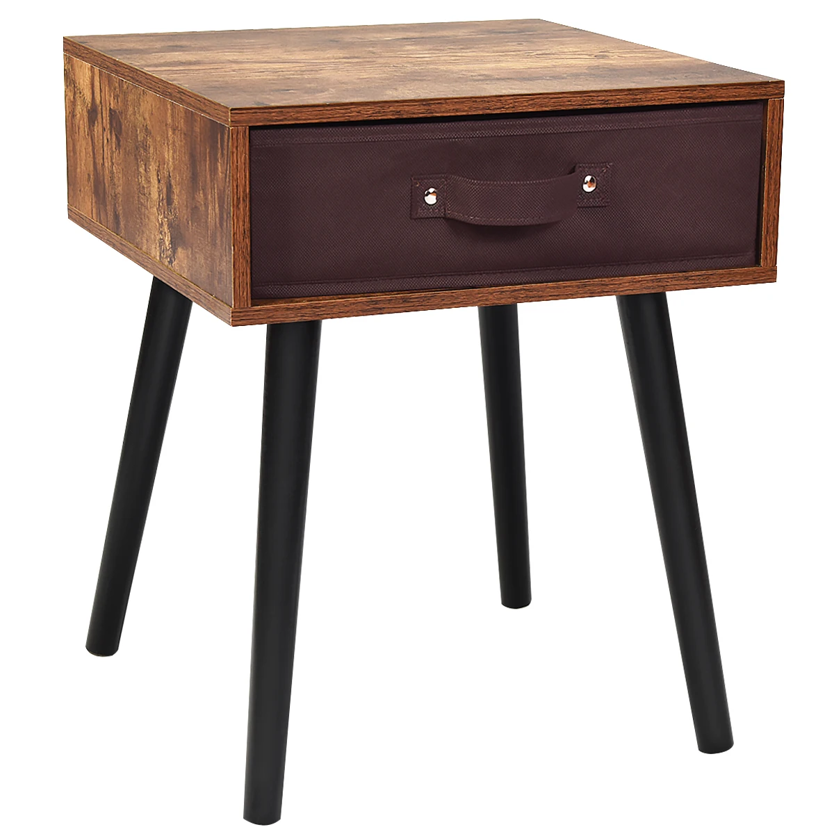 

Mid-Century Nightstand End Accent Bedside Table W/ Fabric Drawer Rustic Brown