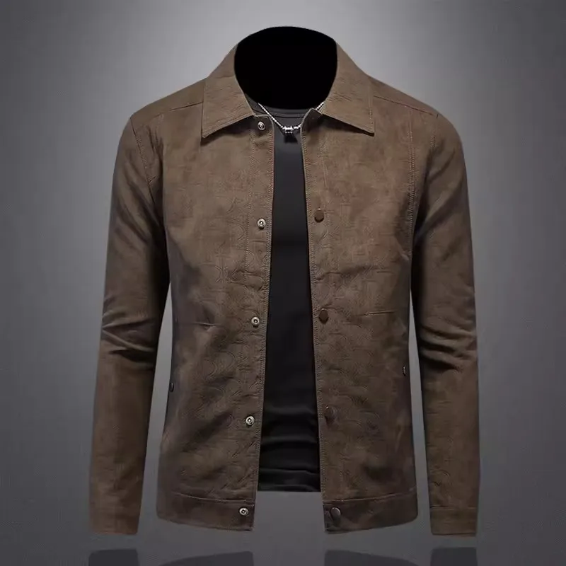 New Suede Leather Jacket Men Spring Turn-down Collar Open Cardigan Top Korean Stylish Versatile Jacket for Younger Men