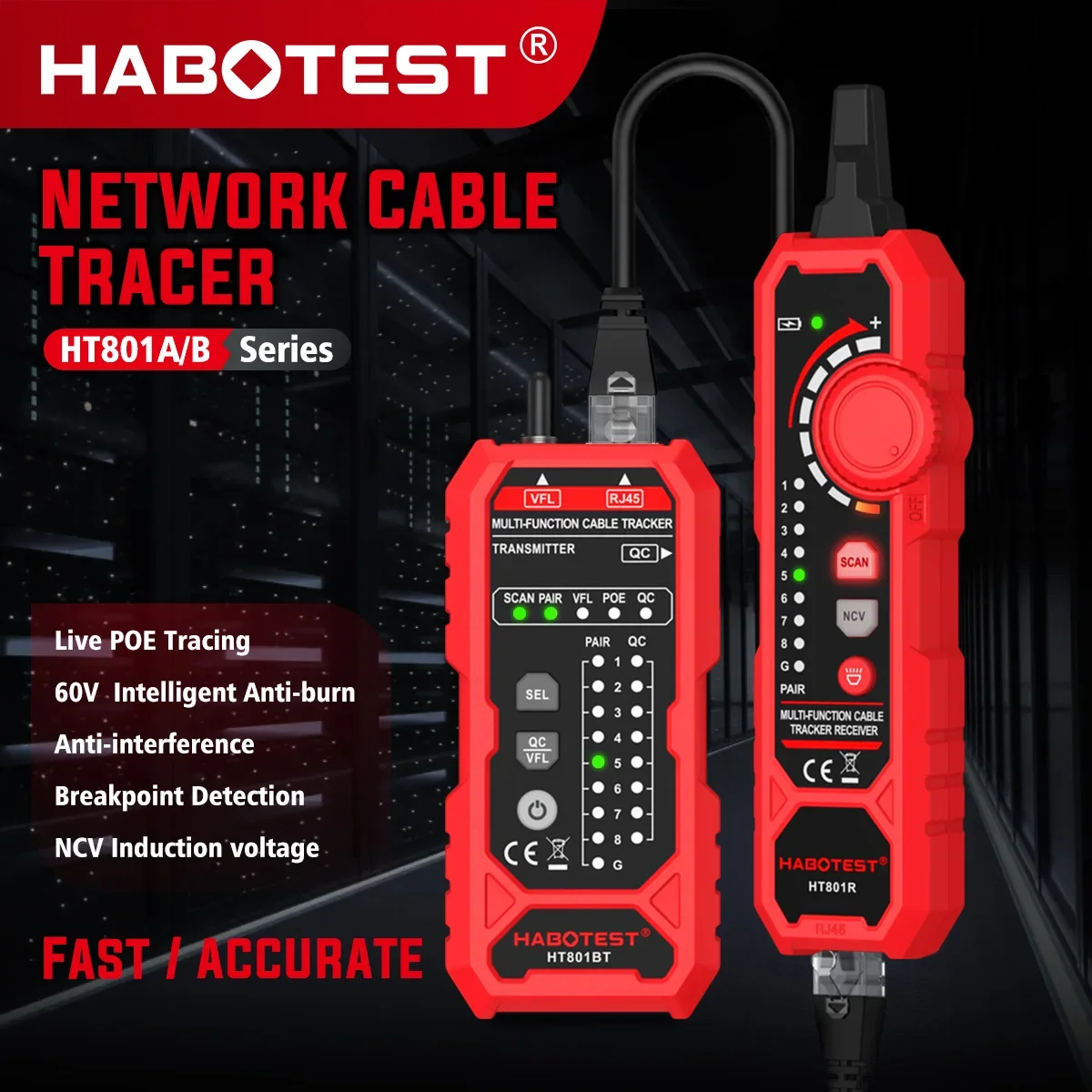 HABOTEST HT801A/B Network Cable Tester 60V Intelligent Live Ethernet LAN Network Wire Tracker,PoE Tester,RJ11 RJ45 Cable Tracer