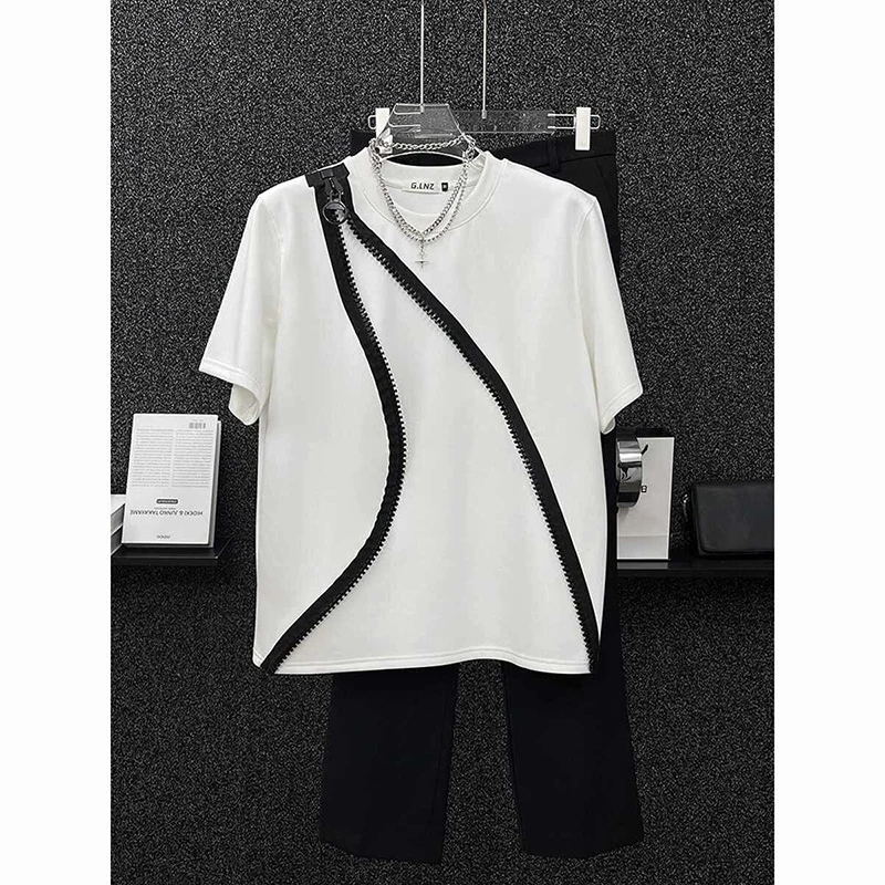 New Niche Zipper Decor T Shirts Men Summer Crew Neck Loose Short Sleeve Tops High End Street Fashion Casual All Match White Tees