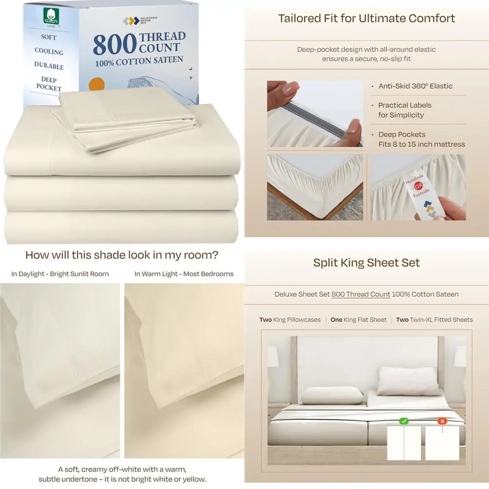 

Luxury Split King Sheets Set for Adjustable Beds - Soft 800 Thread Count Sateen, 100% Cotton, Superior Quality