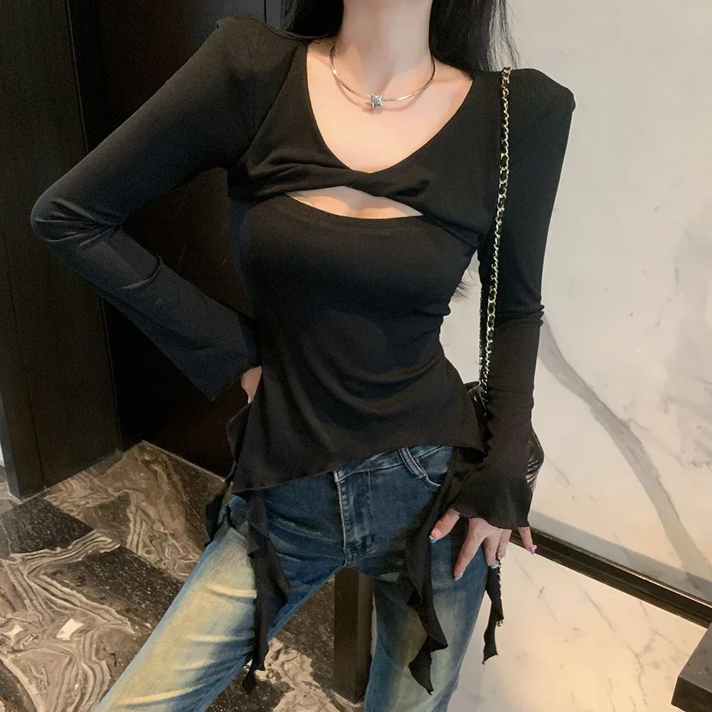 

2XL Hollow Slim T-shirt Irregular Design T-shirt Streetwear Style Long Sleeve Top Suitable For Spring V-neck Cross Style