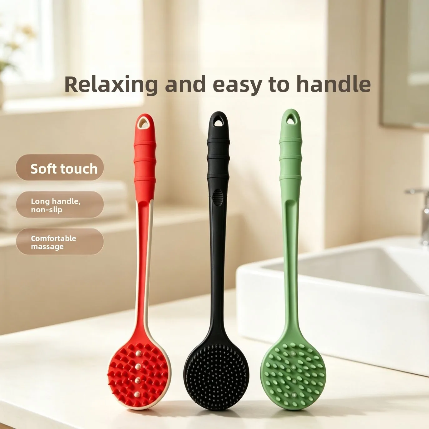 Double-Sided Long Handle Silicone Body Scrubber, Exfoliating Bath Shower Brush