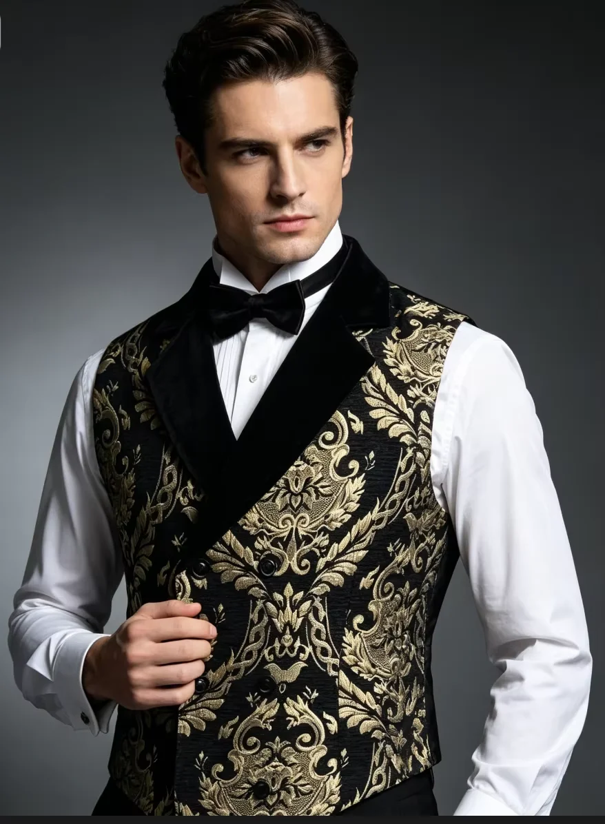 Herren Viktorianische Steampunk Jacquard-Weste, Samt-Revers Gothic-Weste für LARP, Halloween-Party & Retro-Kostüm – Detail 2