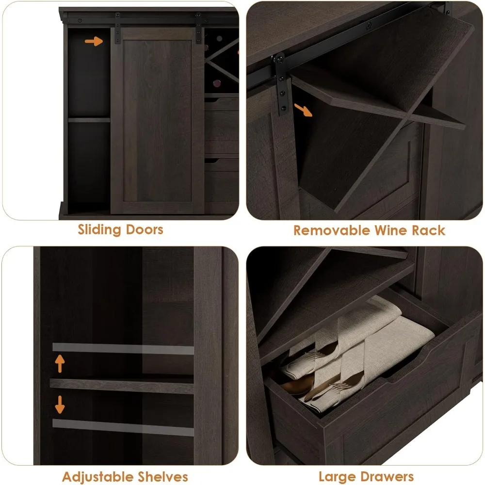 Aparador Buffet Farmhouse, Coffee Bar Cabinet com Armazenamento, Liquor Wine Cabinet com portas deslizantes de celeiro