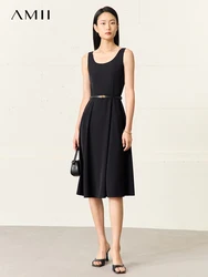 AMII Minimalism O Neck Sleeveless Women's Dress 2023 Summer New Waist A Line Office Lady Solid Black Female Vestidos 12322025