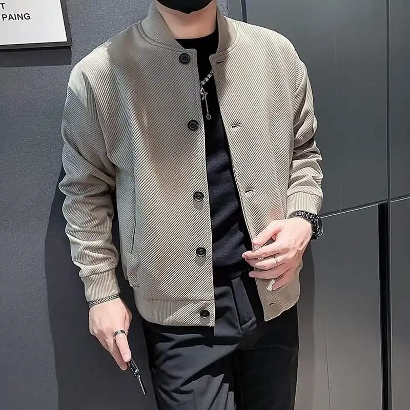 

Casual Men's Baseball Jaet Spring Autumn Trendy Streetwear Loose Fit Long Sve Stand Collar Side Zipper ket Outerwear