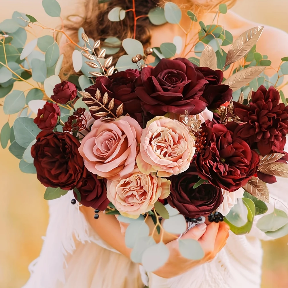 Wine red rose artificial flower combination box, bridal bouquet, outdoor/indoor DIY decoration, holiday decoration flowers