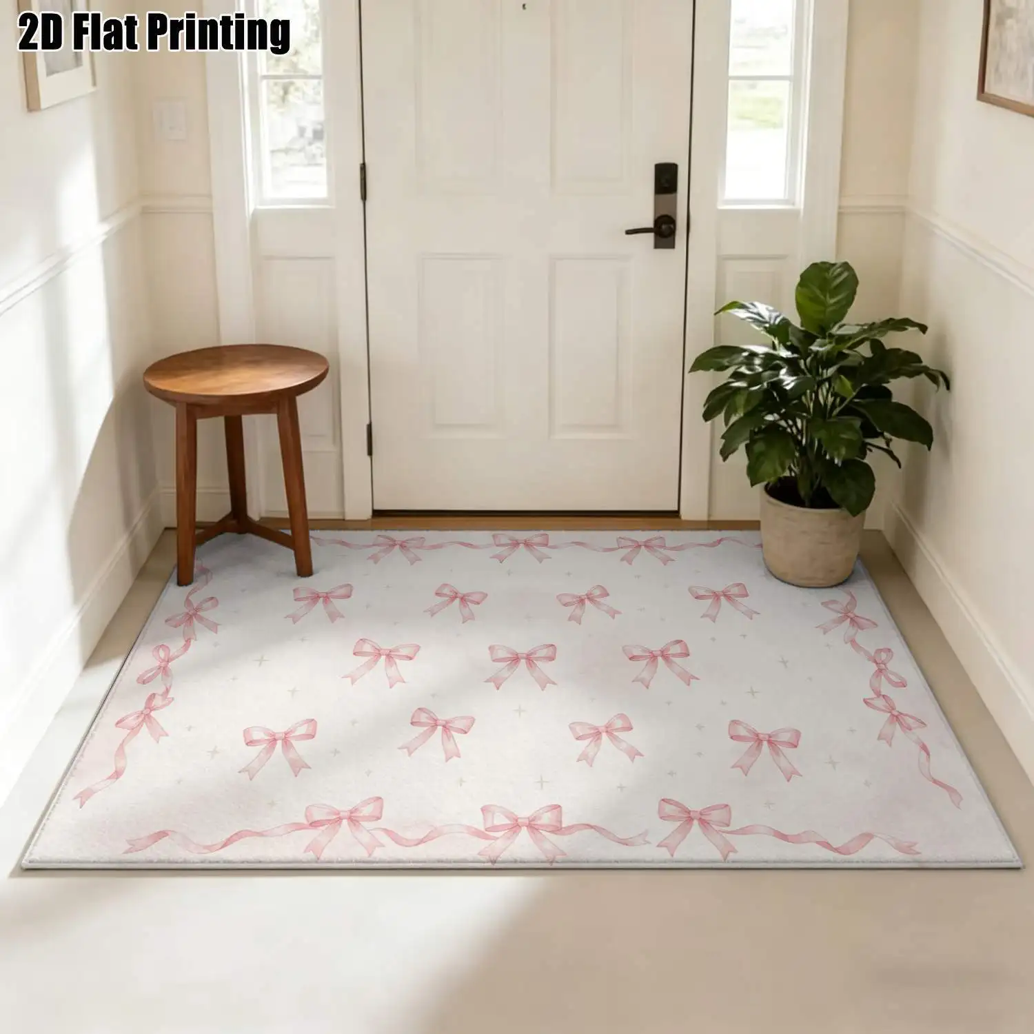 1Pc 2D Printed Carpet: Soft Satin Ribbon & Bow Pattern, Vintage/Instagram Style, Washable, Multi-Size, Ideal for Home Decor in Multiple Settings