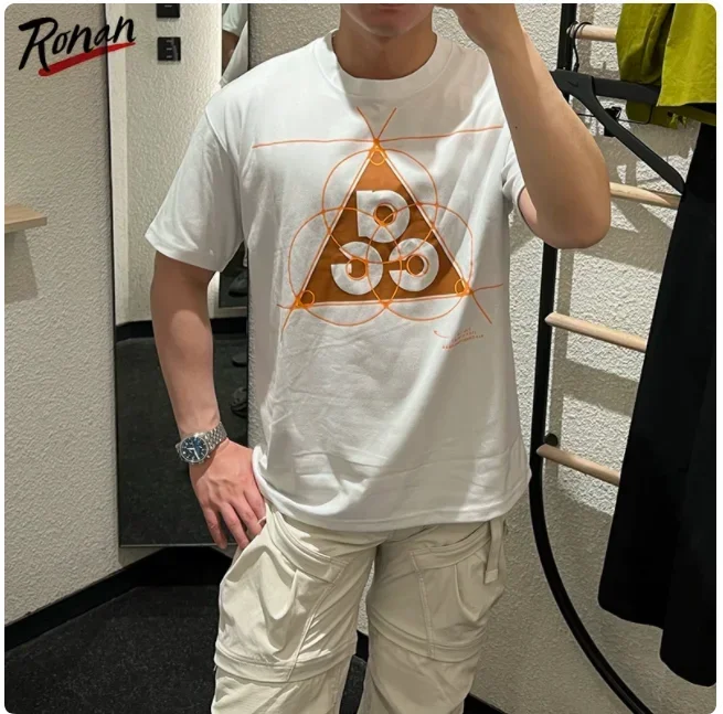 

ACG с короткими рукавами, мужская 25-летняя новая свободная спортивная футболка из чистого хлопка для занятий спортом на открытом воздухе, брендовая футболка с короткими рукавами и принтом