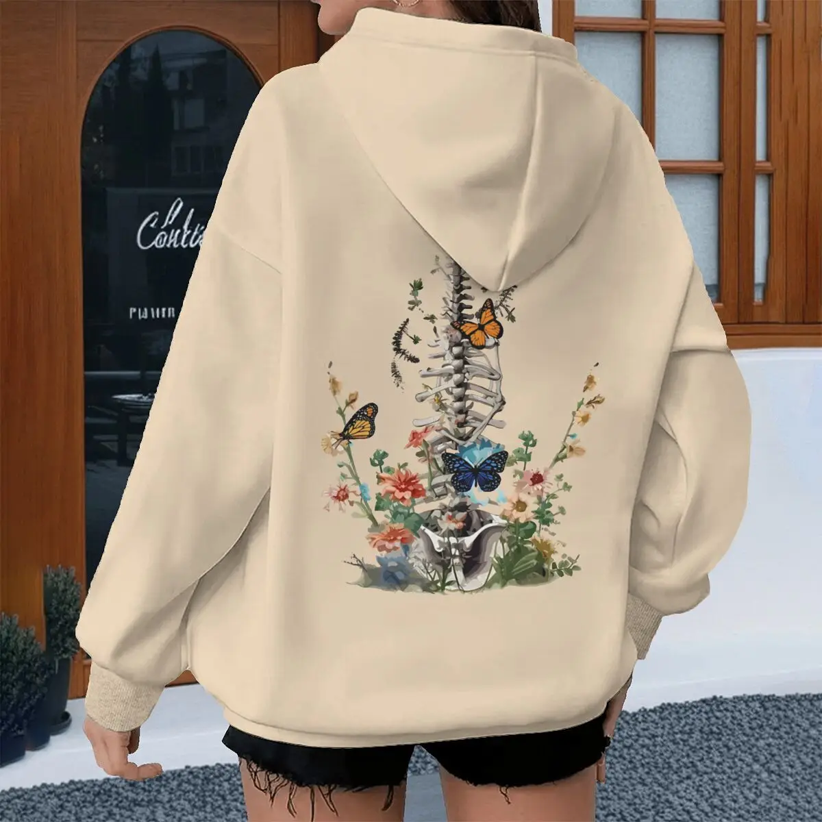 

Fashion Casual Skeleton & Floral Print Sweatshirt Harajuku Y2K Streetwear Clothes Vintage Aesthetic Butterfly Graphic Hoodie