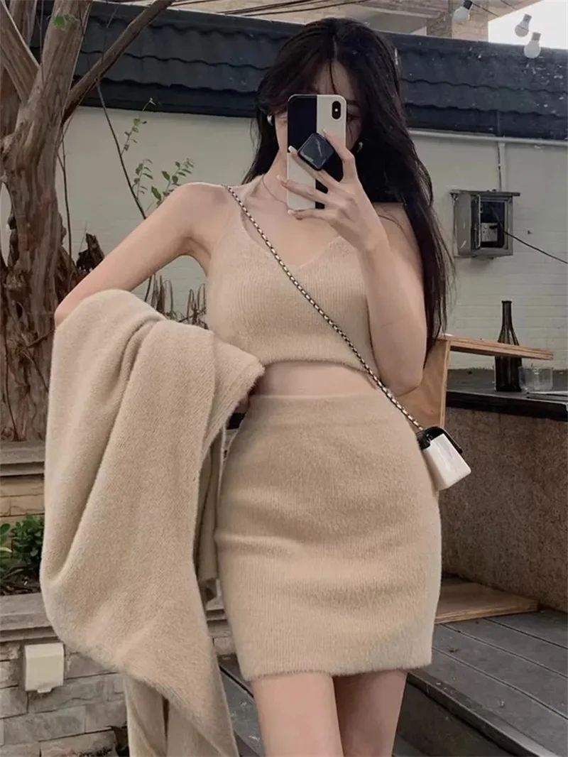 طقم سترة من ثلاث قطع للنساء ، تنورة نصف حمالة ، طراز كسول ، فتاة جذابة ، ملابس خارجية ، خريف ، شتاء #2