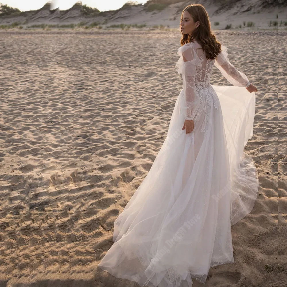 Eleganti abiti da sposa in Tulle per le donne i più nuovi abiti da sposa A maniche lunghe con scollo tondo profondo lunghezza di lavaggio spacco laterale A Line Robes